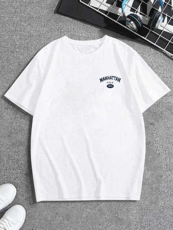 Men's Letter Print Round Neck Regular Sleeve Tee, Street Short Sleeve T-Shirt, Casual Crew Neck Top for Spring & Fall...