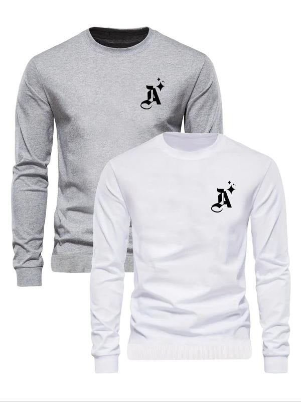 Men's Letter Print Round Neck Sweatshirt, Regular Fit Casual Long Sleeve Crew Neck Pullover for Fall & Winter, Men's...
