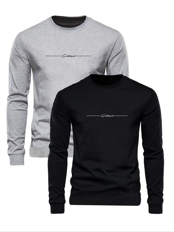 Men's Letter Print Round Neck Sweatshirt, Regular Fit Casual Long Sleeve Crew Neck Pullover for Fall & Winter, Men's...