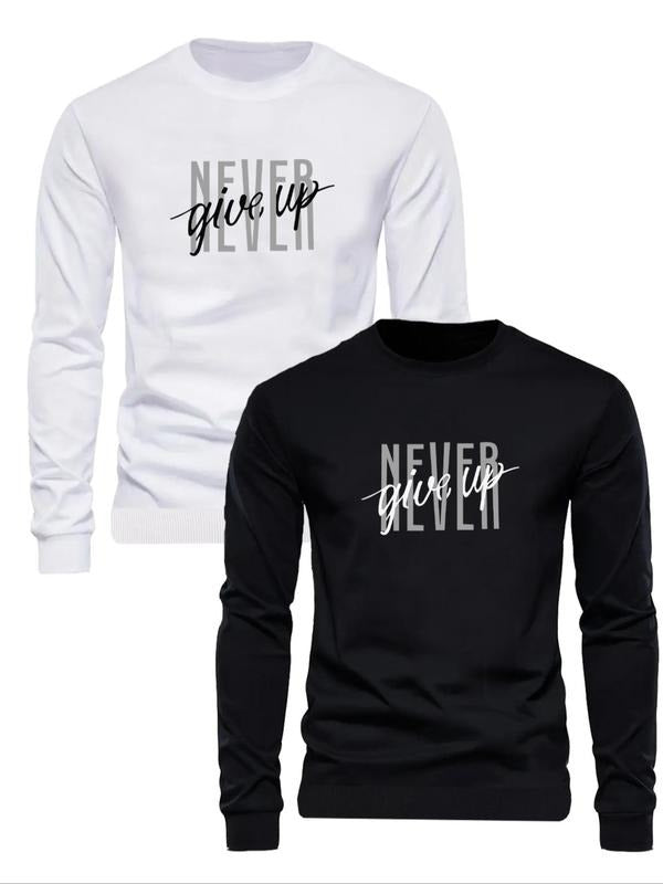 Men's Letter Print Round Neck Sweatshirt, Regular Fit Casual Long Sleeve Crew Neck Pullover for Fall & Winter, Men's...