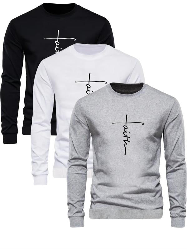 Men's Letter Print Round Neck Sweatshirt, Regular Fit Casual Long Sleeve Crew Neck Pullover for Fall & Winter, Men's...