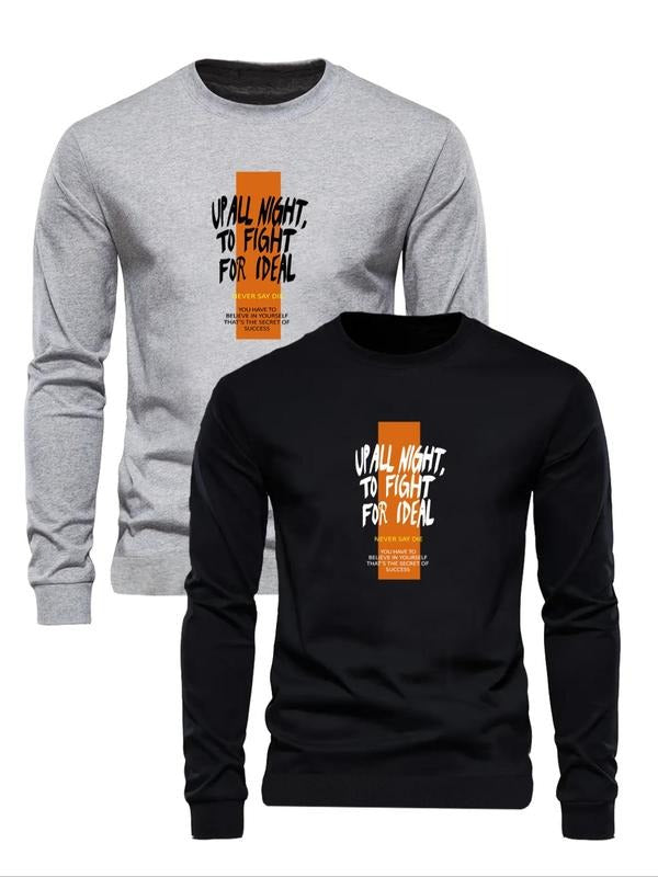 Men's Letter Print Round Neck Sweatshirt, Regular Fit Casual Long Sleeve Crew Neck Pullover for Fall & Winter, Men's...