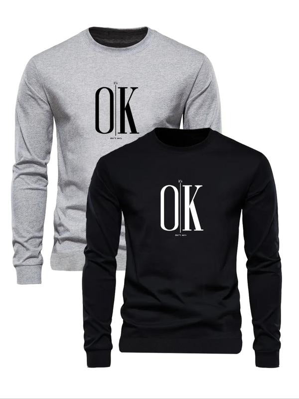 Men's Letter Print Round Neck Sweatshirt, Regular Fit Casual Long Sleeve Crew Neck Pullover for Fall & Winter, Men's...