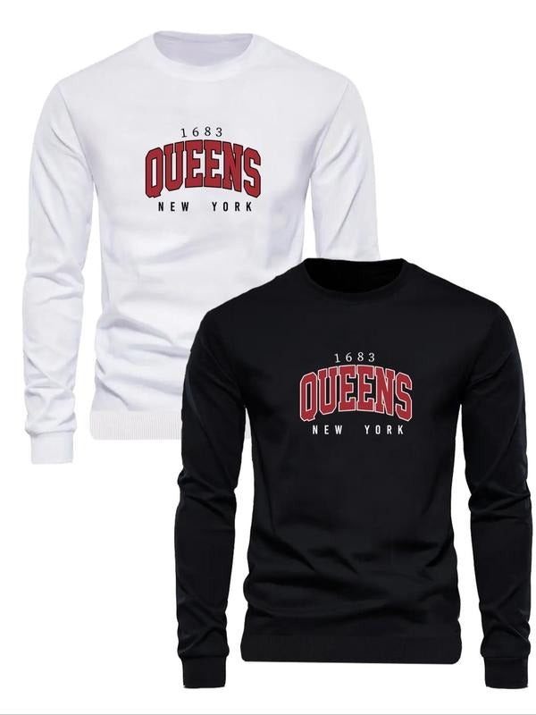 Men's Letter Print Round Neck Sweatshirt, Regular Fit Casual Long Sleeve Crew Neck Pullover for Fall & Winter, Men's...