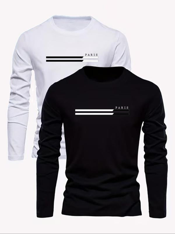 Men's Letter Print Round Neck Tee, Casual Regular Fit Long Sleeve Crew Neck T-shirt for  Spring, Men's Top for Daily Wear...