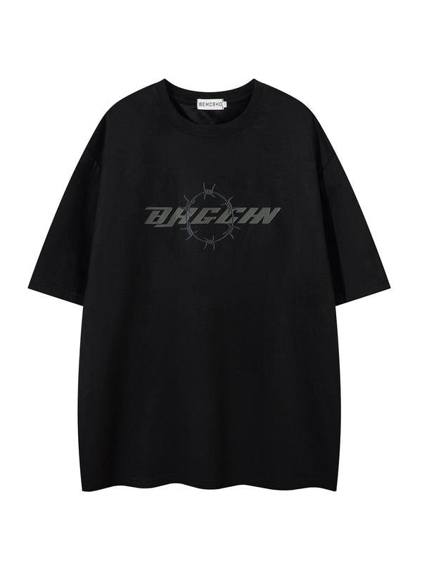 Men's Letter Print Round Neck Tee, Loose Casual Short Sleeve Crew Neck T-Shirt for Summer, Fashion Men's Top for Daily...