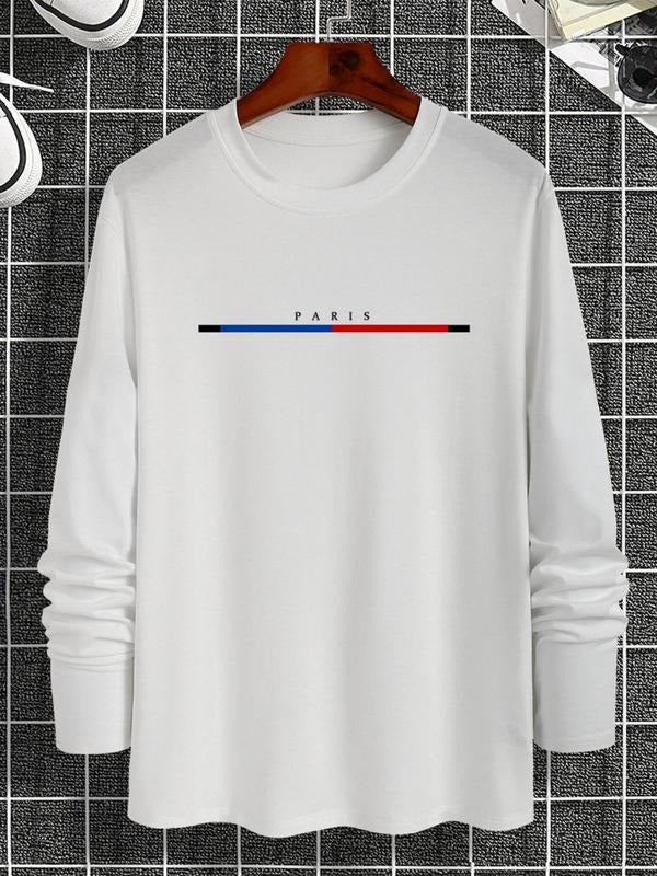 Men's Letter Print Round Neck Tee, Regular Fit Casual Long Sleeve Crew Neck T-Shirt for All Seasons, Men's Top for Daily...
