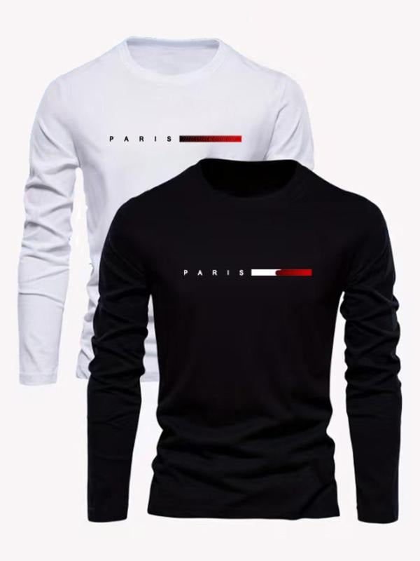 Men's Letter Print Round Neck Tee, Regular Fit Casual Long Sleeve Crew Neck T-shirt for Fall & Winter, Men's Top for...