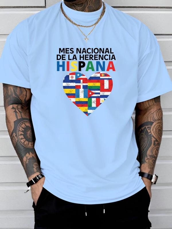 Men's Letter Print Round Neck Tee, Regular Fit Casual Short Sleeve Crew Neck T-Shirt for All Seasons, Fashion Men's Top...