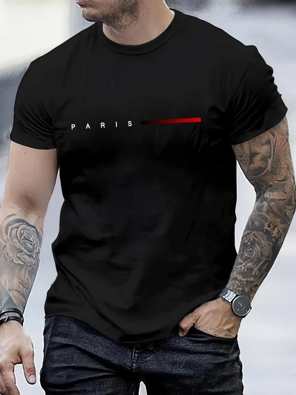 Men's Letter Print Round Neck Tee, Regular Fit Casual Short Sleeve Crew Neck T-Shirt for Daily Wear, Fashion Men's Top...