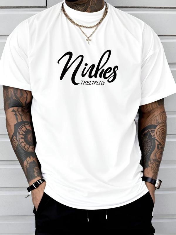Men's Letter Print Round Neck Tee, Regular Fit Casual Short Sleeve Crew Neck T-Shirt for Daily Wear, Men's Top for All...