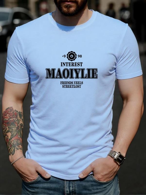 Men's Letter Print Round Neck Tee, Regular Fit Casual Short Sleeve Crew Neck T-Shirt for Daily Wear, Men's Top for All...