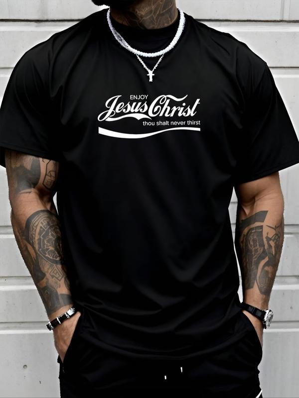 Men's Letter Print Round Neck Tee, Regular Fit Casual Short Sleeve Crew Neck T-Shirt for Daily Wear, Men's Top for All...