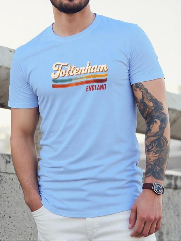 Men's Letter Print Round Neck Tee, Regular Fit Casual Short Sleeve Crew Neck T-Shirt for Daily Wear, Men's Top for All...