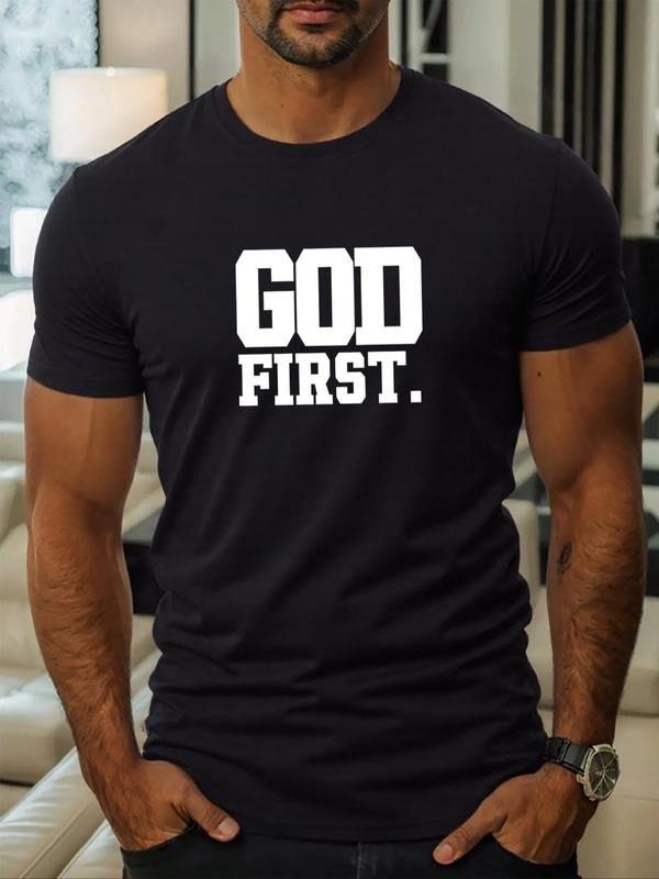 Men's Letter Print Round Neck Tee, Regular Fit Casual Short Sleeve Crew Neck T-Shirt for Daily Wear, Men's Top for All...