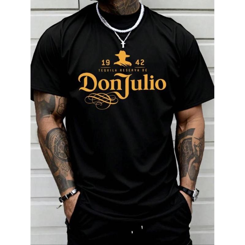 Men's Letter Print Round Neck Tee, Regular Fit Casual Short Sleeve Crew Neck T-Shirt for Summer, Fashion Men's Top for...