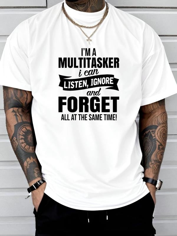 Men's Letter Print Round Neck Tee, Regular Fit Casual Short Sleeve Crew Neck T-shirt for Daily Wear, Men's Top for All...