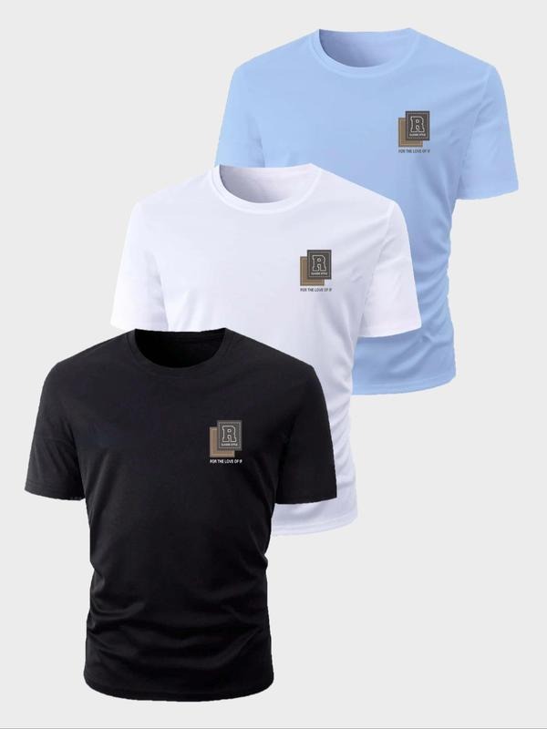 Men's Letter Print Round Neck Tee, Regular Fit Casual Short Sleeve T-shirt for Summer, Men's Top for Daily Wear style 02...