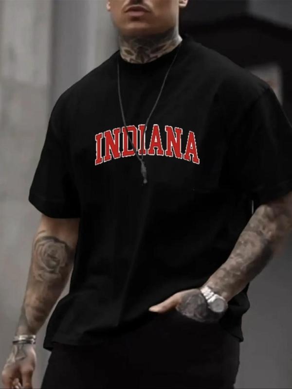 Men's Letter Print Round Neck Tee, Street Regular Fit Crew Neck Short Sleeve T-Shirt for Men, Casual Comfy Knitting Top...