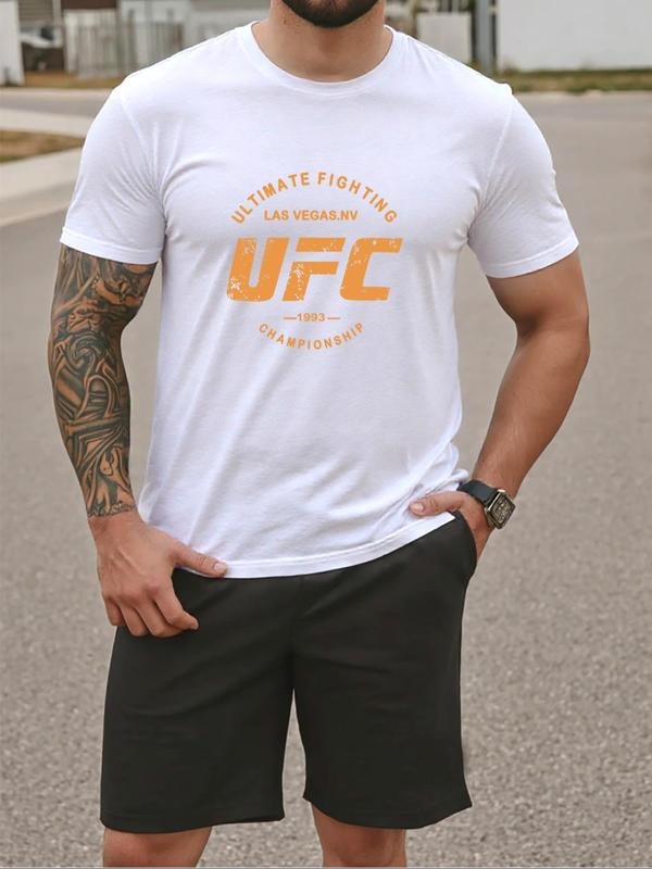 Men's Letter Print Short Sleeve Tee & Shorts Set, Regular Fit Casual Round Neck T-shirt & Track Shorts, Men's Summer...