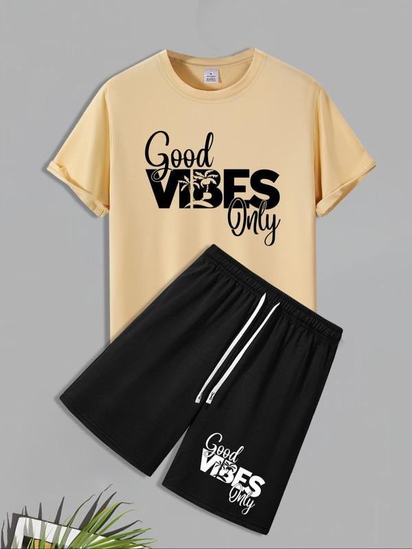 Men's Letter Print Short Sleeve Tee & Shorts Set, Regular Fit Round Neck T-shirt & Shorts, Casual Cozy Breathable Men's...
