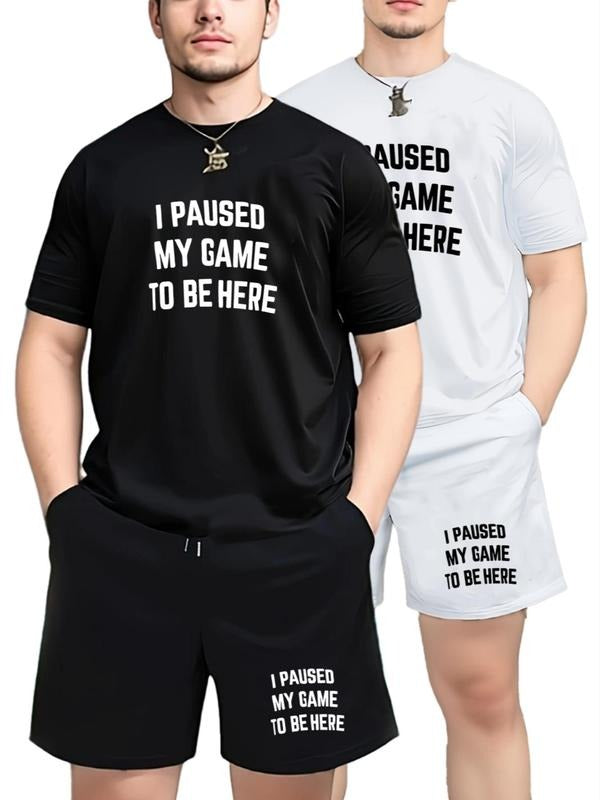 Men's Letter Print Short Sleeve Tee & Shorts Set, Round Neck T-shirt & Track Shorts, Casual Top & Bottoms for Outdoor...