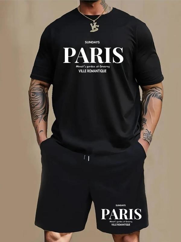 Men's Letter Print Tee & Shorts Set, Regular Fit Round Neck Short Sleeve T-shirt & Shorts, Casual Top & Sweat Shorts,...