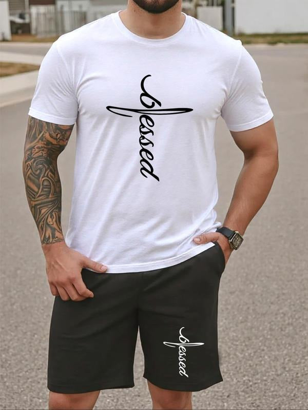 Men's Letter Striped Print Tee & Shorts Set, Regular Fit Casual Short Sleeve T-shirt & Track Shorts, Men's Summer Clothes...