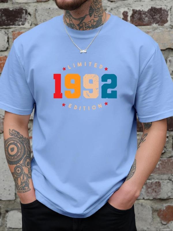 Men's Limited Edition 1992 Letter Print Round Neck Tee, Regular Fit Casual Fashion Short Sleeve T-shirt for Daily Wear,...
