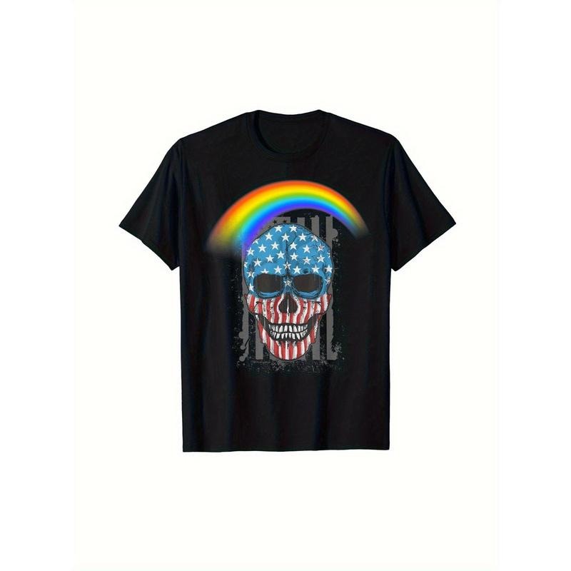 Men's Memorial Day Patriotic  Pride Rainbow American Flag Skull Graphic T-Shirt