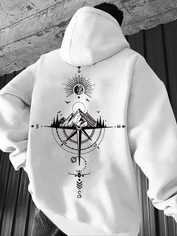 Men's Mountain & Compass Print Drawstring Hoodie, Fashion Casual Regular Fit Pocket Long Sleeve Hooded Sweatshirt, Men...