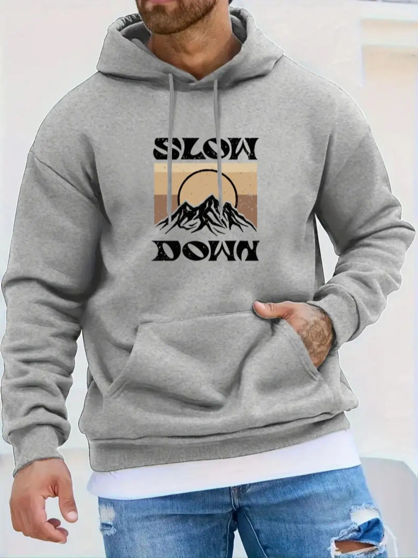 Men's Mountain & Letter Print Drop Shoulder Hoodie, Fashion Casual Regular Fit Drawstring Pocket Hooded Sweatshirt for...