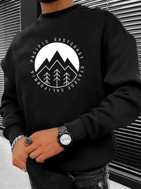 Men's Mountain & Letter Print Drop Shoulder Sweatshirt, Regular Fit Casual Soft Comfy Long Sleeve Round Neck Pullover for...