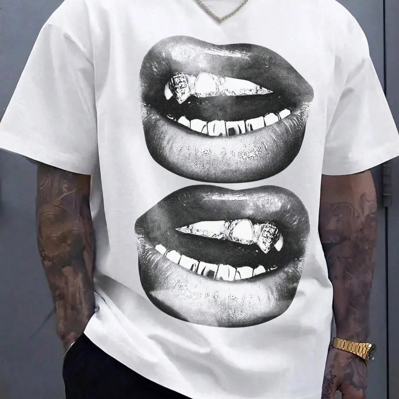 Men's Mouth Print Round Neck Tee, Regular Fit Casual Drop Shoulder Short Sleeve T-shirt, Men's Summer Top for Daily Wear...