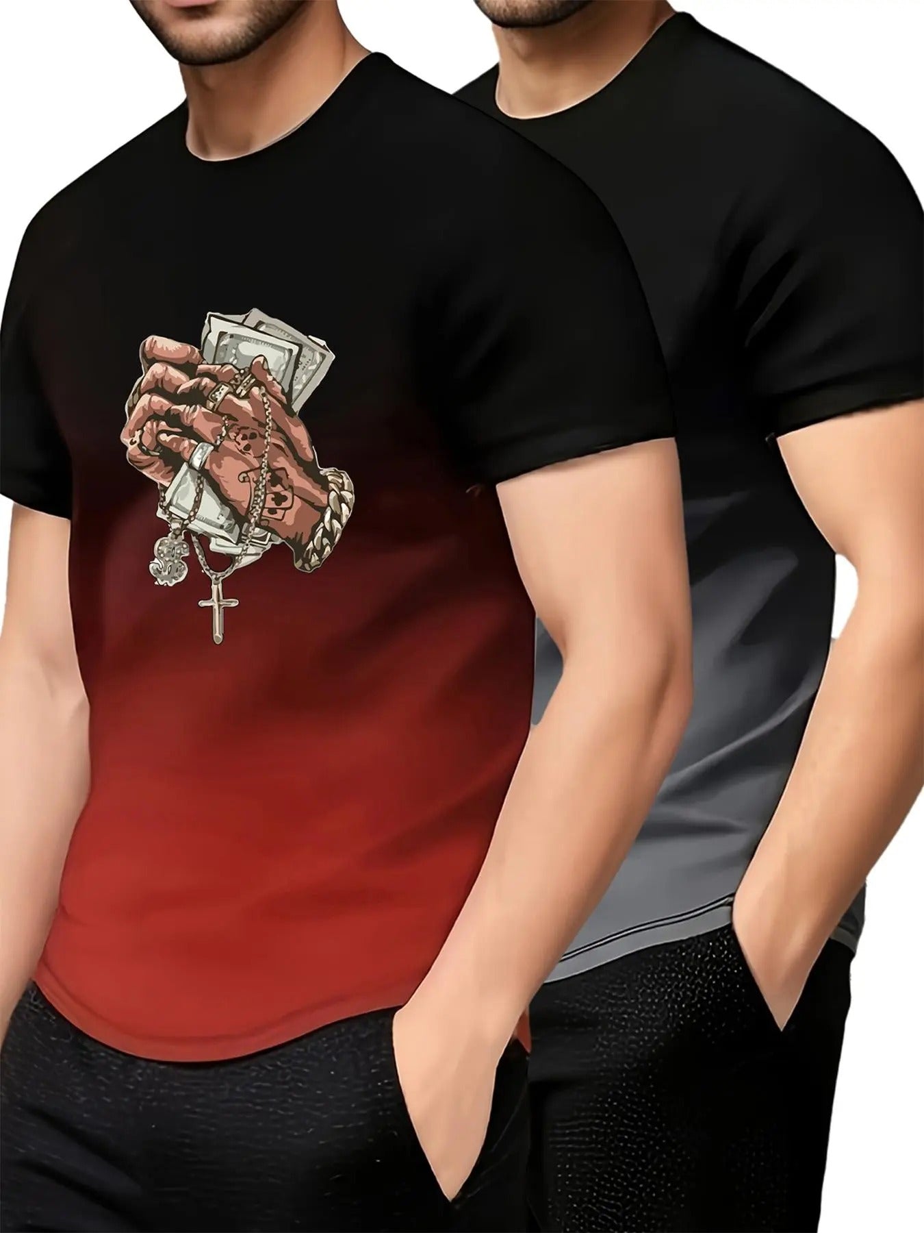 Men's Ombre & Cartoon Hand Print Short Sleeve Tee, Regular Fit Casual Fashion Round Neck T-Shirt for Daily Wear, Men's...