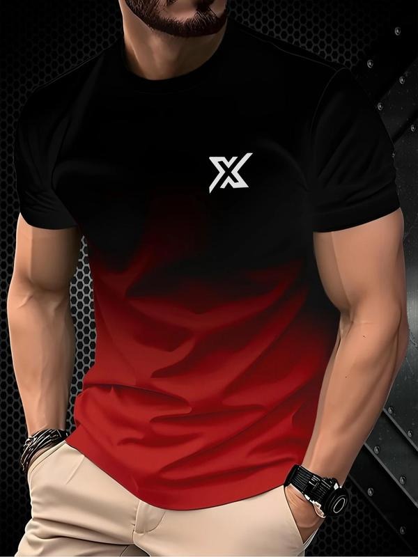 Men's Ombre & Letter Print Short Sleeve Tee, Regular Fit Casual Round Neck T-shirt for Daily Wear, Men's Top for All...