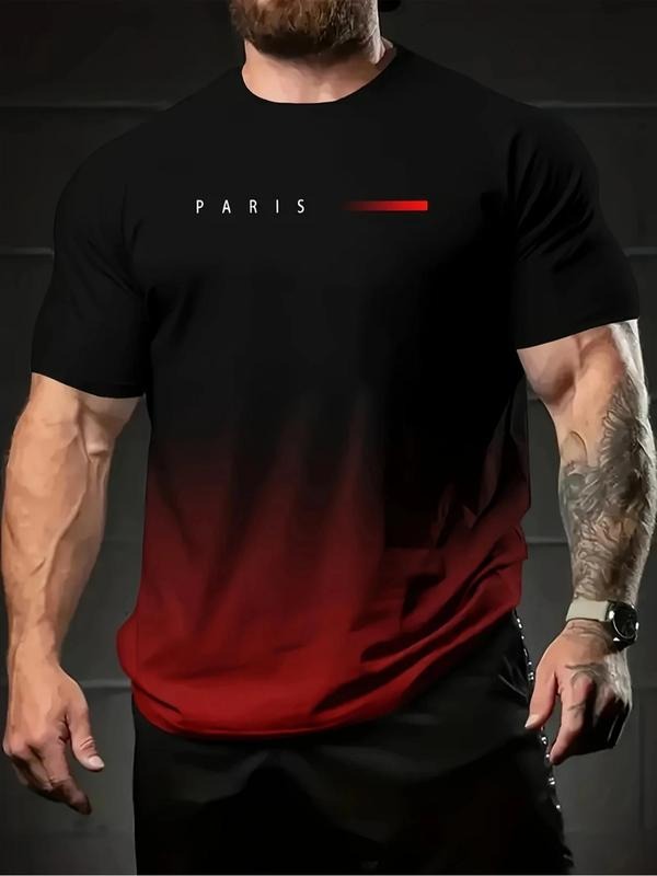 Men's Ombre Letter Print Round Neck Tee, Regular Fit Casual Short Sleeve Crew Neck T-Shirt for Daily Wear, Men's Top for...