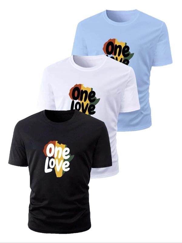Men's One Love Letter Print Round Neck Tee, Regular Fit Casual Short Sleeve Crew Neck T-Shirt for Daily Wear, Men's Top...