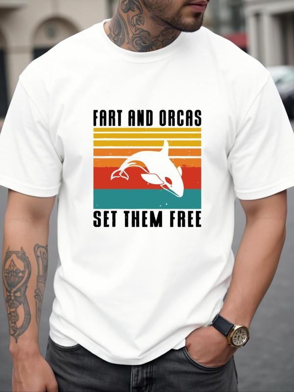 Men's Orca & Letter Print Round Neck Tee, Regular Fit Casual Short Sleeve Crew Neck T-Shirt for Summer, Men's Top for...