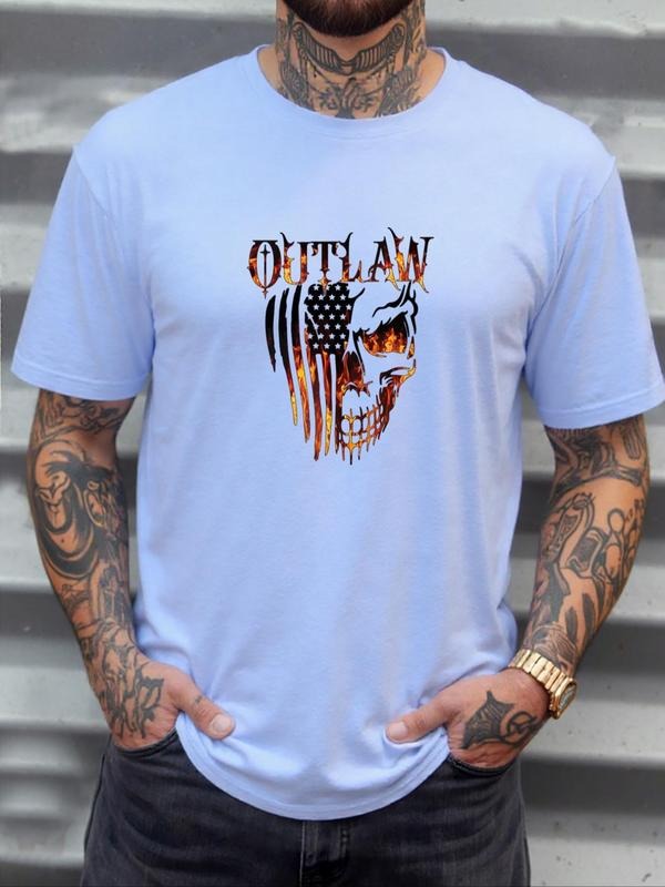 Men's Outlaw Skull Flag on Fire Print Round Neck Graphic Tee, Regular Fit Casual Short Sleeve T-shirt for Summer, Men's...