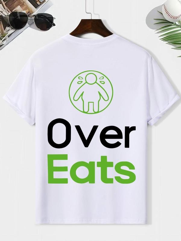 Men's Over Eats Letter Print Round Neck Tee, Loose Casual Short Sleeve T-shirt for Summer, Men's Top for Daily Wear,...