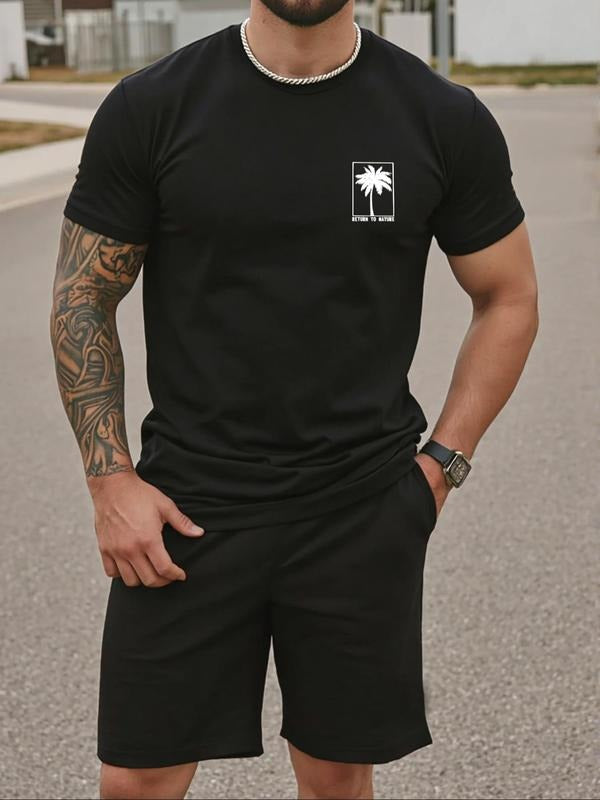 Men's Palm Tree Print Short Sleeve Tee & Shorts Set, Regular Fit Casual Round Neck T-shirt & Shorts, Men's Summer Clothes...
