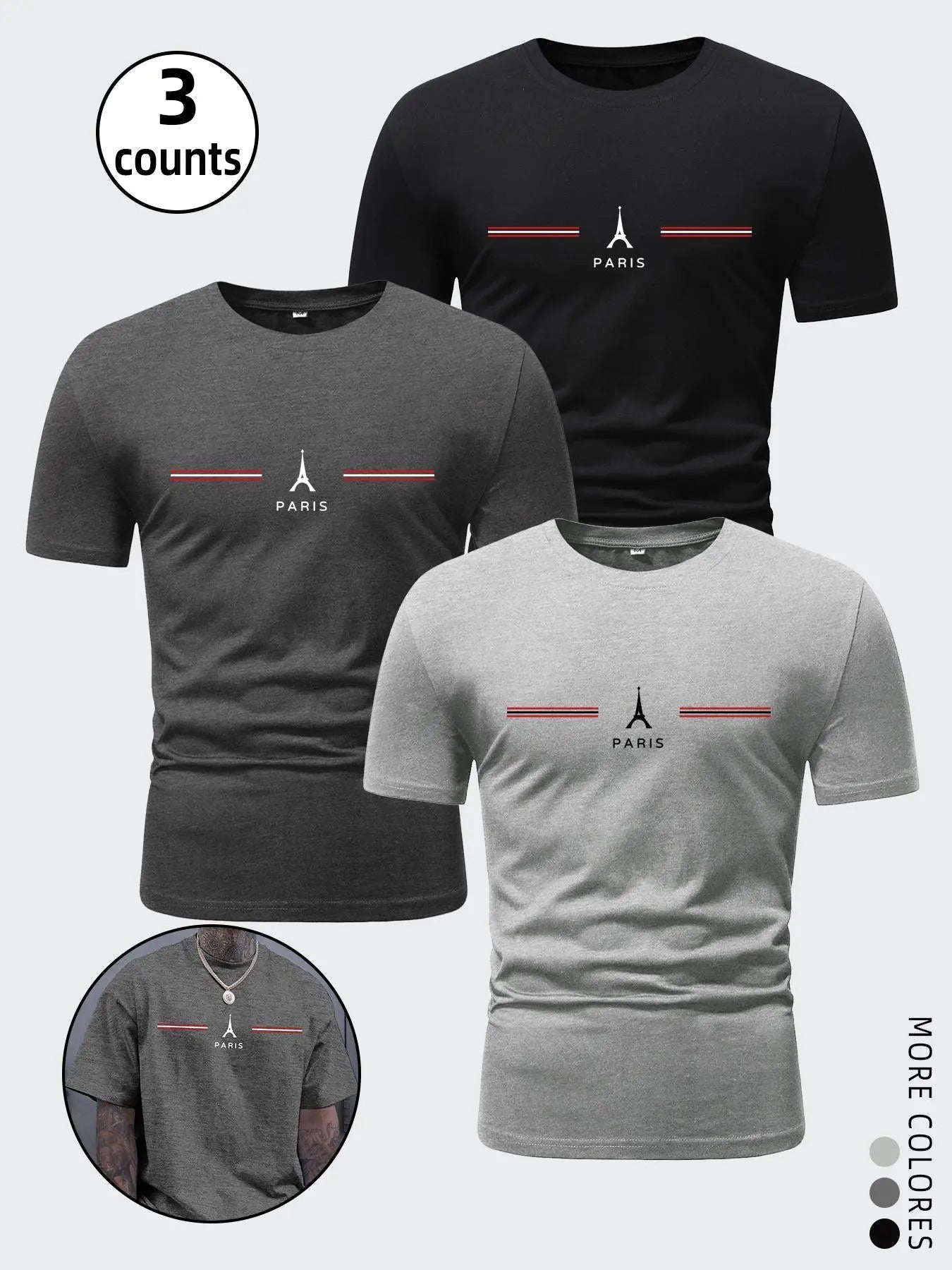 Men's Paris Eiffel Tower Print Round Neck Tee, Regular Fit Casual Short Sleeve Crew Neck T-Shirt for Summer, Fashion...
