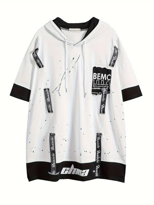 Men's Patchwork Print Hooded Hoodie Tee, Casual Loose Short Sleeve T-shirt for Summer, Fashion Men's Top for Daily Wear,...