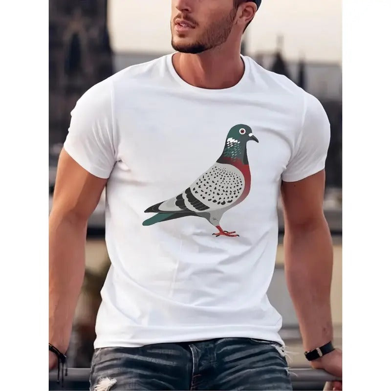 Men's Pigeon Print T-shirt, Casual Comfy Slightly Stretch Crew Neck Tee, Men's Clothing For Summer Outdoor Activity Made...