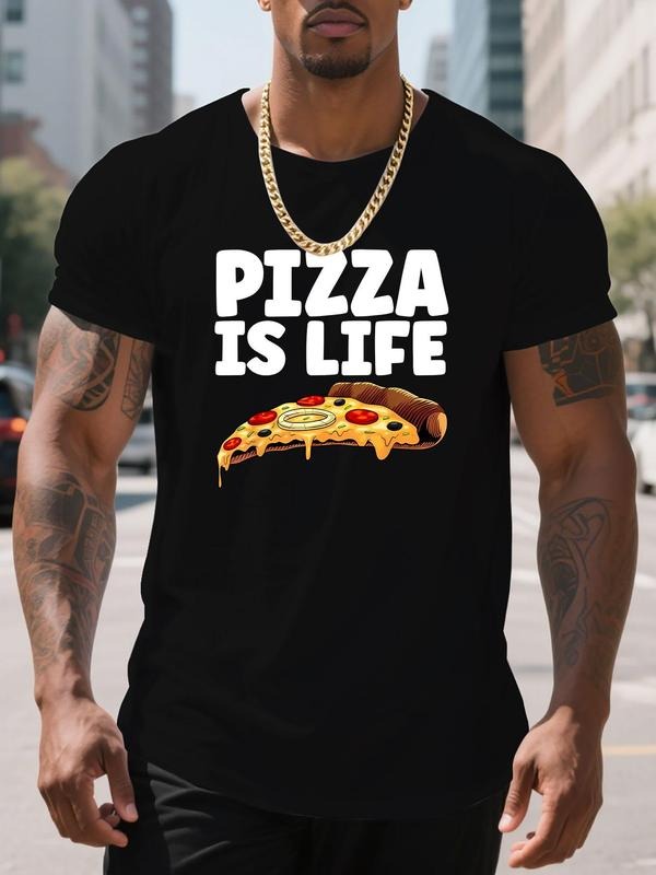 Men's Pizza Print Round Neck Tee, Regular Fit Casual Short Sleeve T-shirt, Men's Summer Top for Daily Wear, Tropical...