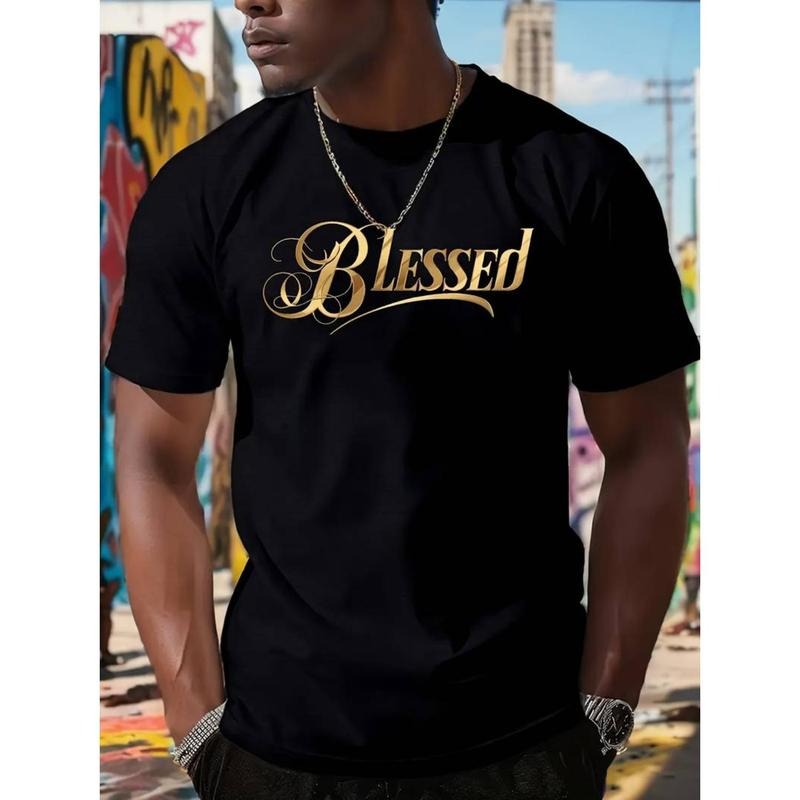 Men's Plus Size "BLESSED" Golden Font Print T-Shirt, 100% Cotton Casual Short Sleeve Crew Neck Tee Hoodie, Sweatshirt