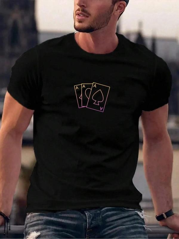 Men's Poker Print Round Neck Tee, Regular Fit Casual Short Sleeve Crew Neck T-Shirt for Daily Wear, Men's Top for All...