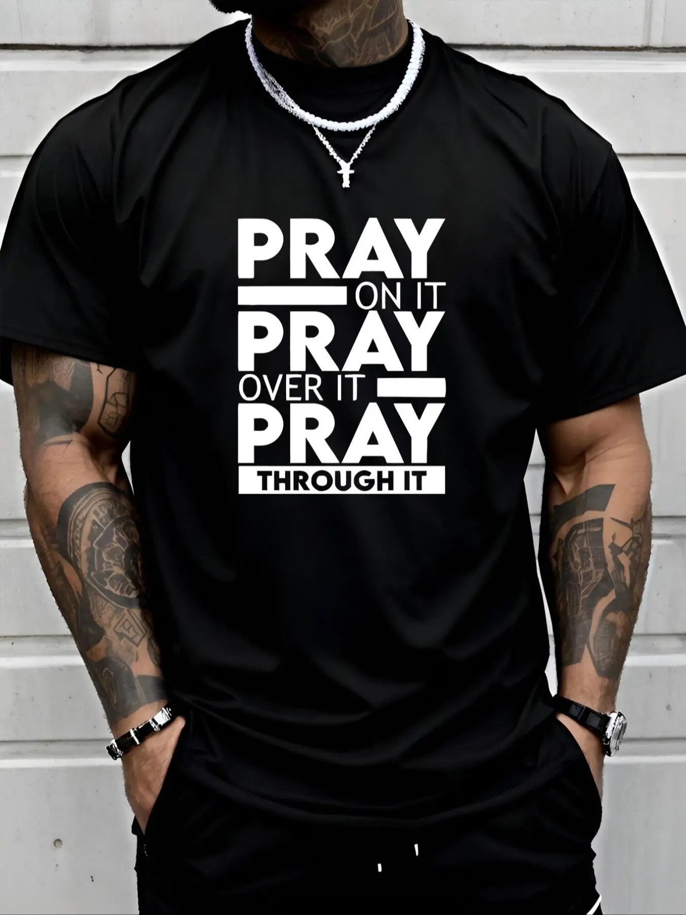 Men's Prayer Letter Print Round Neck Tee, Regular Fit Casual Short Sleeve Crew Neck T-Shirt for Daily Wear, Men's Top for...