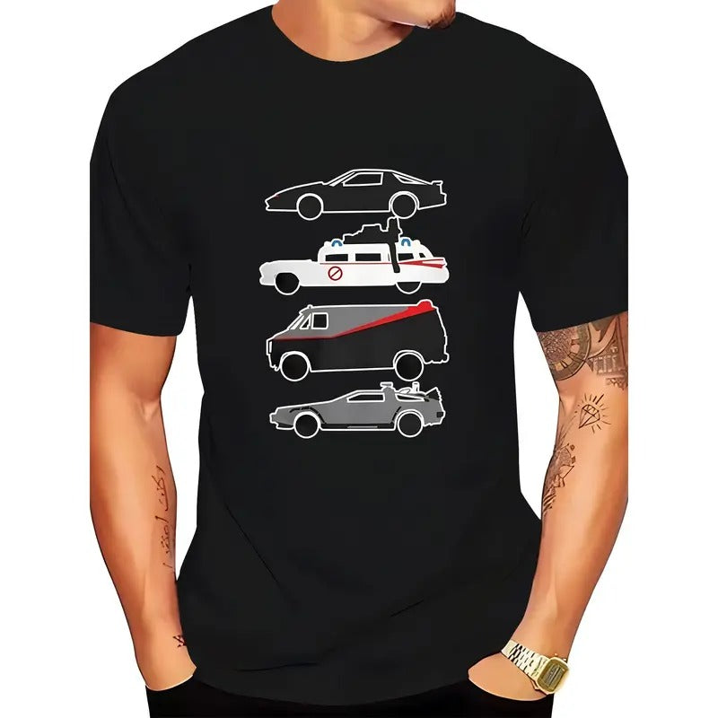 Men's Premium Casual Graphic Tee - Stylish Black Short Sleeve T-Shirt with Unique Car Print, Round Neck, Summer Fashion,...
